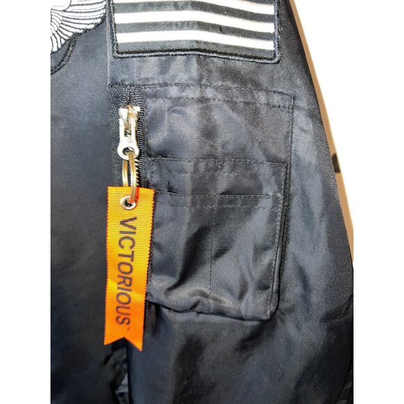 Victorious Black Military-Style Bomber Jacket Air Force Patches Ribbed Collar & - Picture 3 of 6